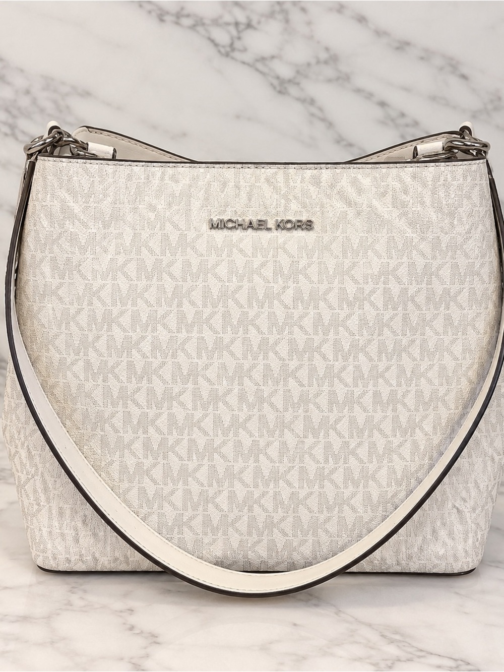 Michael Kors White Signature Monogram Shoulder Bag | Silver Hardware